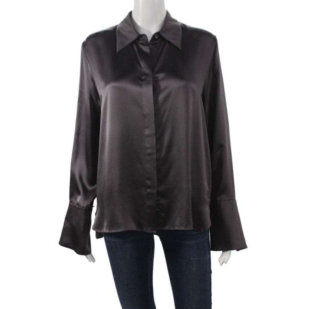 TWP Women Black 100% Silk Collared Button Long Sleeve Basic Blouse Size M